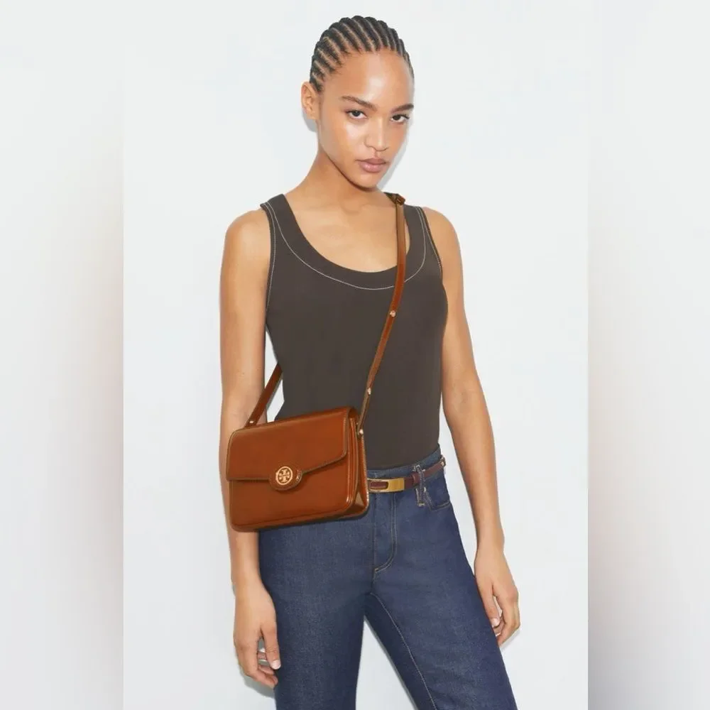 Tory Burch Robinson Spazzolato Leather Shoulder Bag Dark Sienna Brown Patent